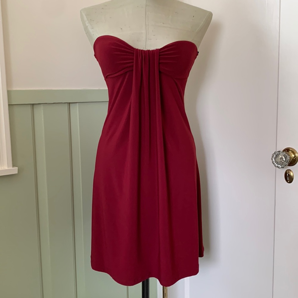 Strapless burgundy cocktail dress